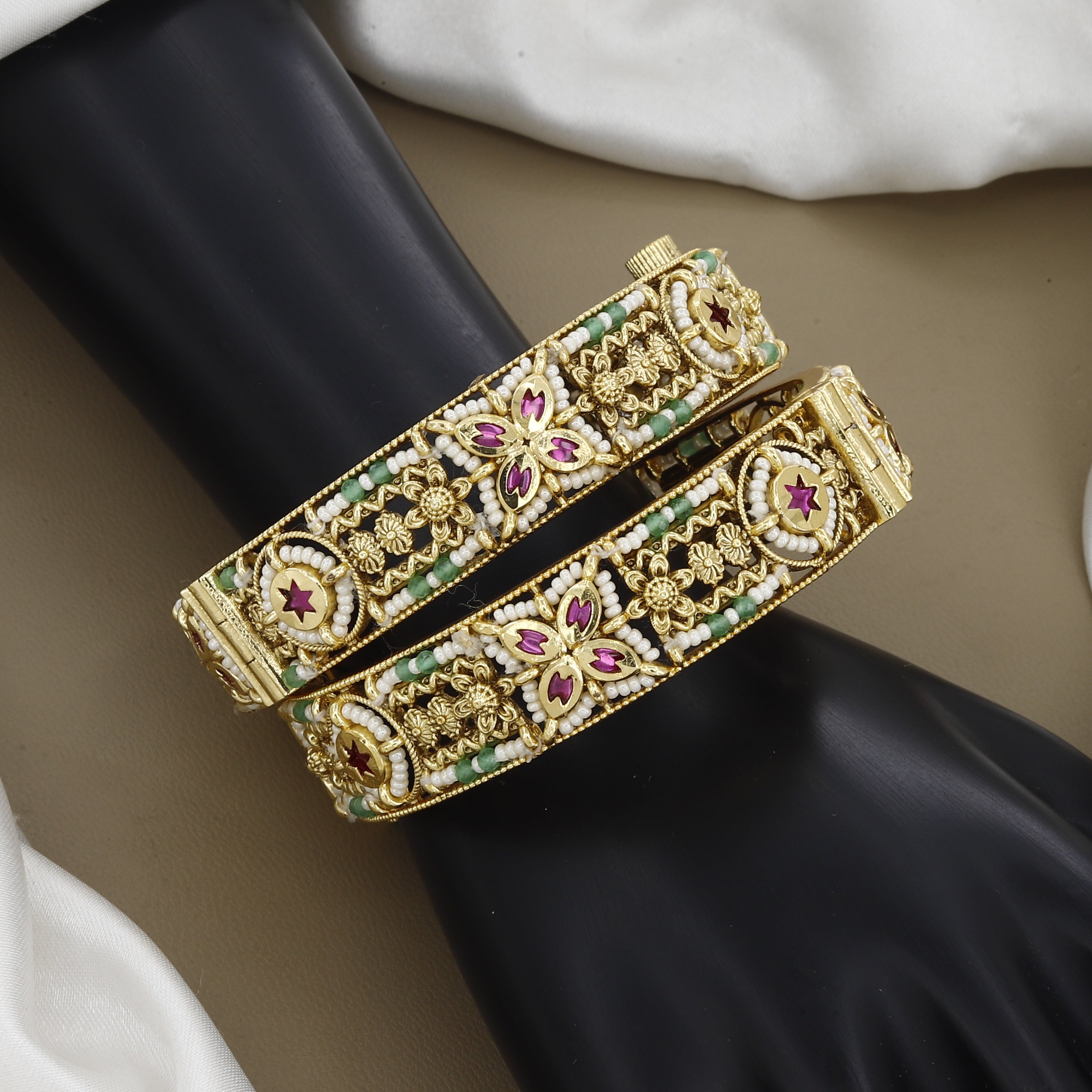 Antique Gold-Plated Ruby and Pearl Floral Kada Bangles