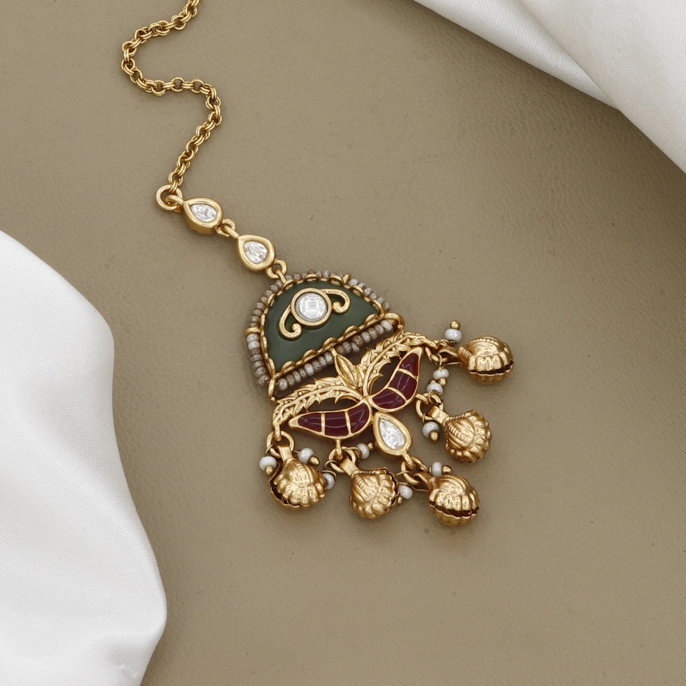 Antique Gold Floral Maang Tikka with Kundan and Green Bead Drops
