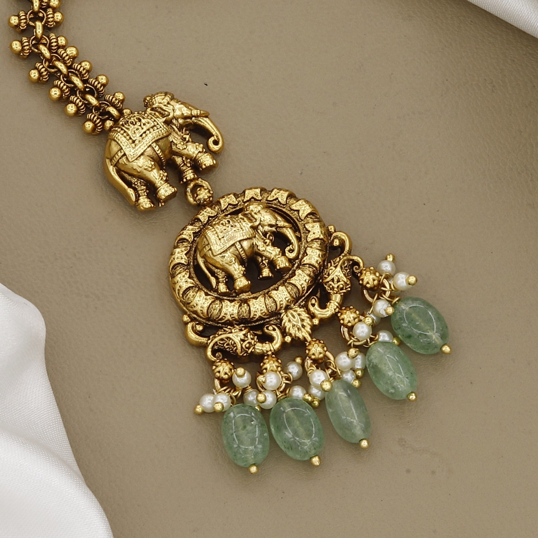 Antique Gold Elephant Maang Tikka with Green Beads & Pearls