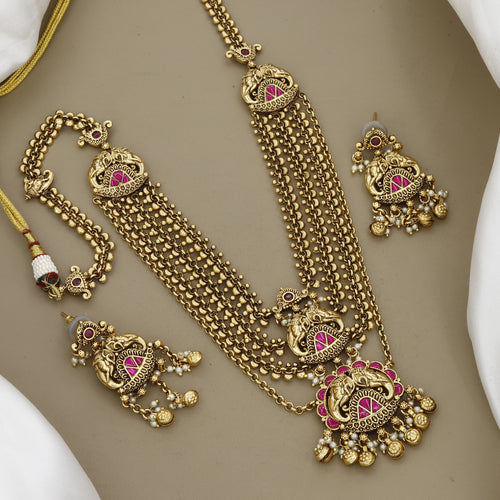 Antique Gold-Plated Multi-Layered Elephant Motif Long Necklace with Pink Stones