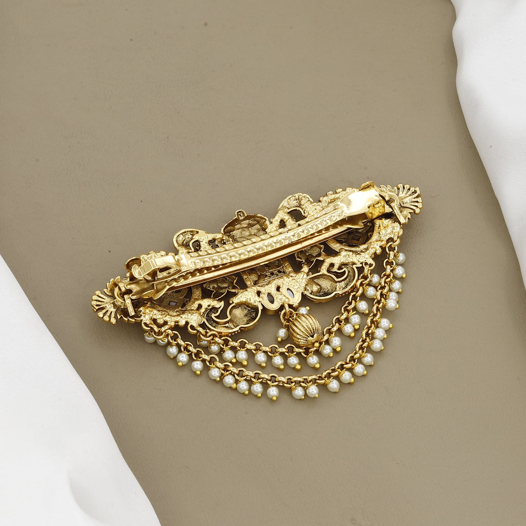 Antique Gold Palki & Peacock Hair Pin with Layered Pearl Chains