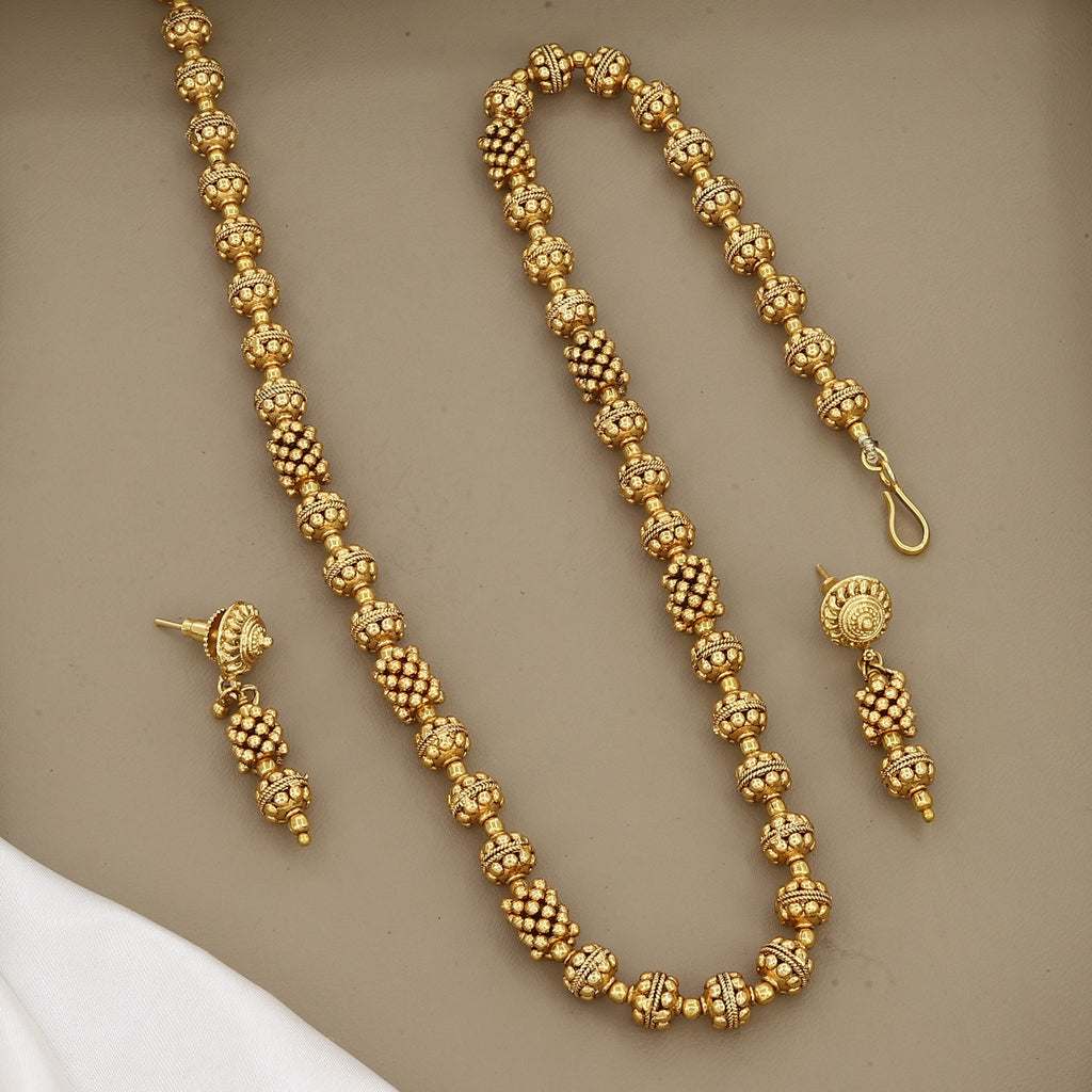 Traditional Gold-Plated Granulated Beaded Mala Set with Earrings