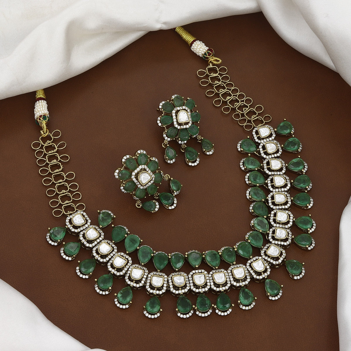 Polki & Emerald-Green Stone Statement Necklace Set