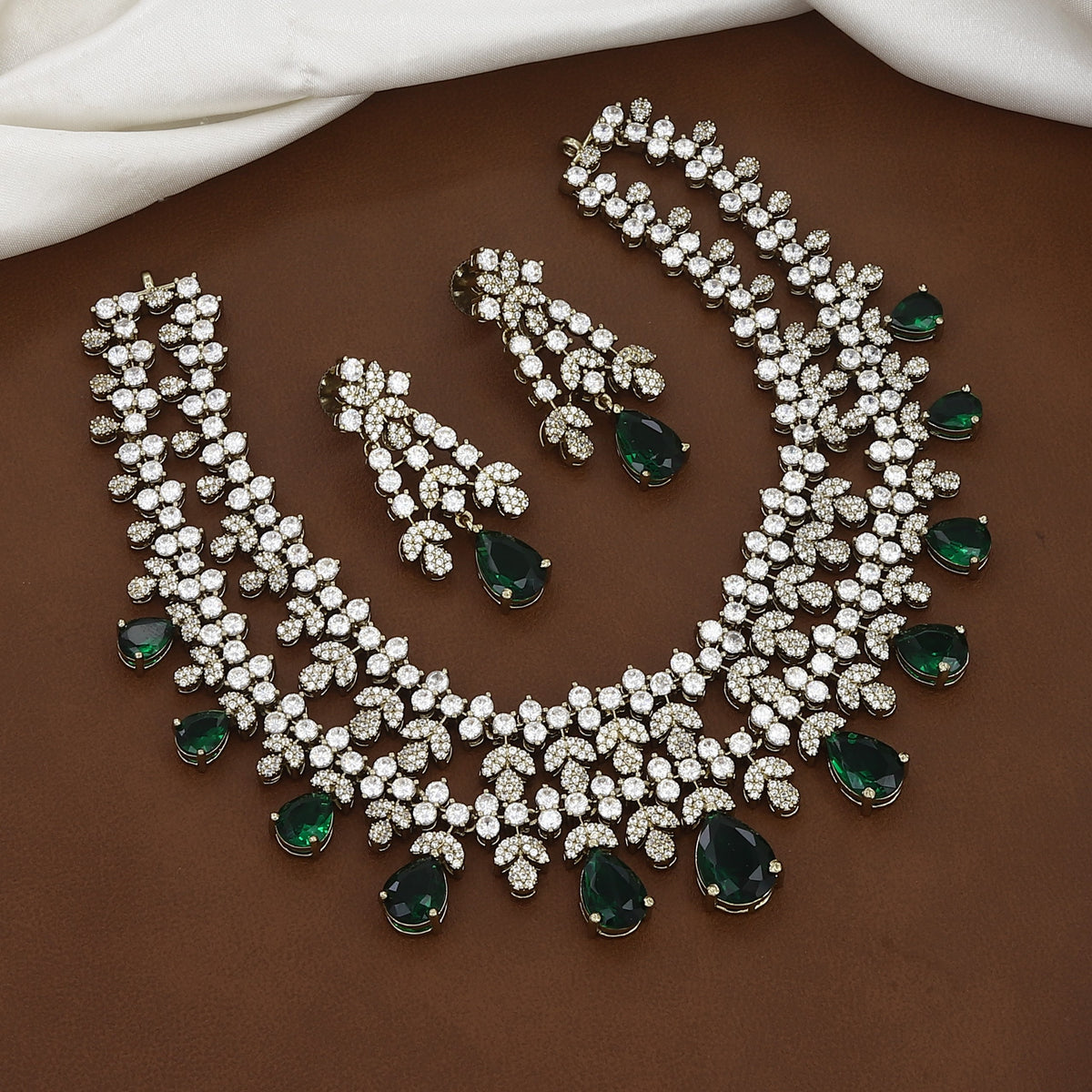 Sparkling Crystal & Emerald Drop Necklace Set