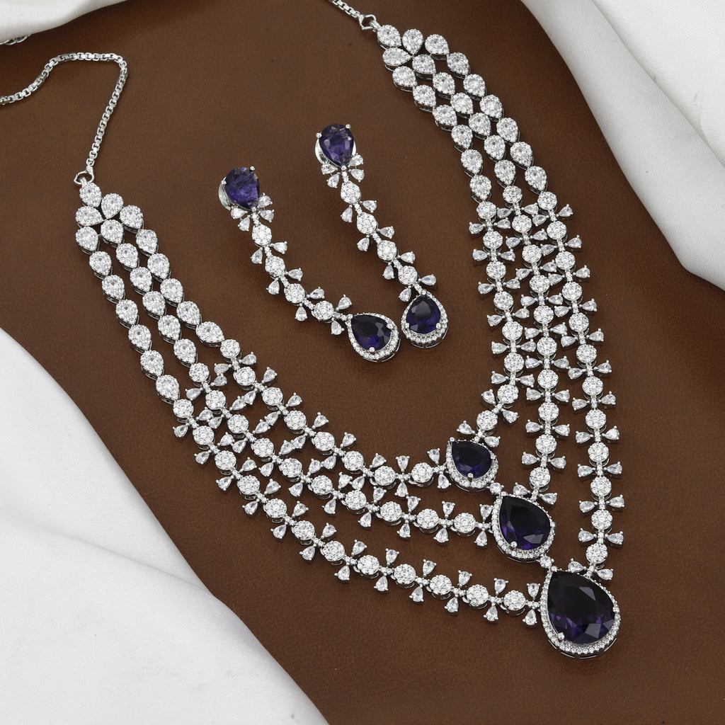 Silver Tone Sparkling CZ Vine Leaf Necklace & Chandelier Drop Earring Set