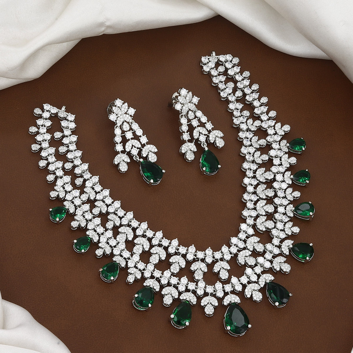 Layered Crystal & Teardrop Emerald Necklace Set