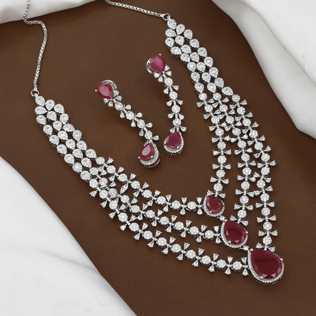 Silver Tone Sparkling CZ Vine Leaf Necklace & Chandelier Drop Earring Set