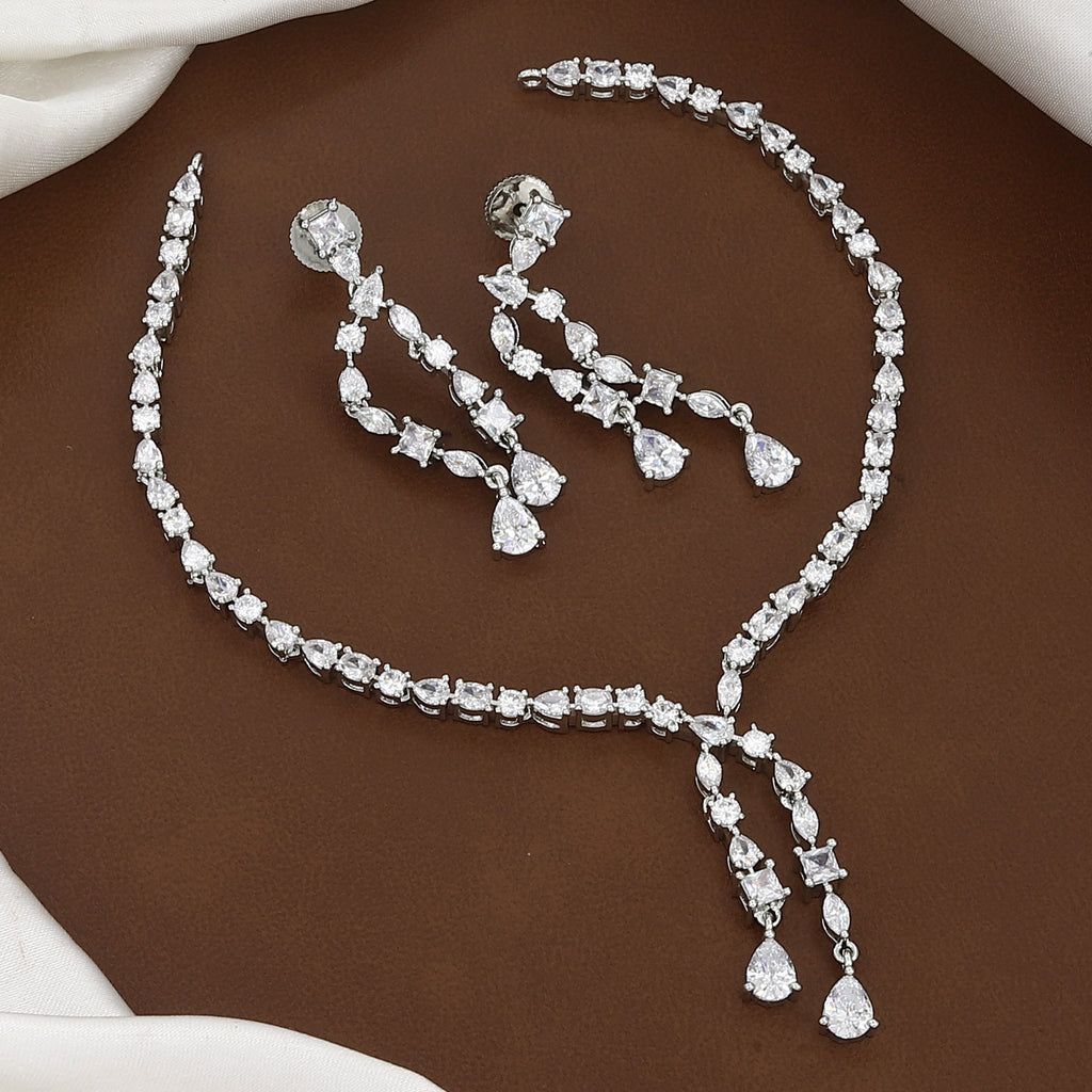 Silver Polished Dainty CZ Drop Necklace & Earring Set