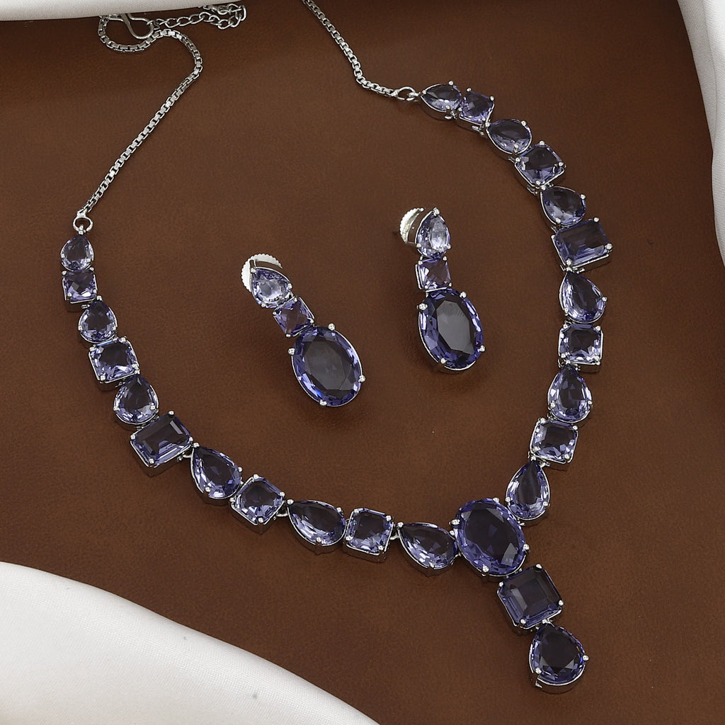 Radiant Purple Crystal Silver Diamond Necklace Set