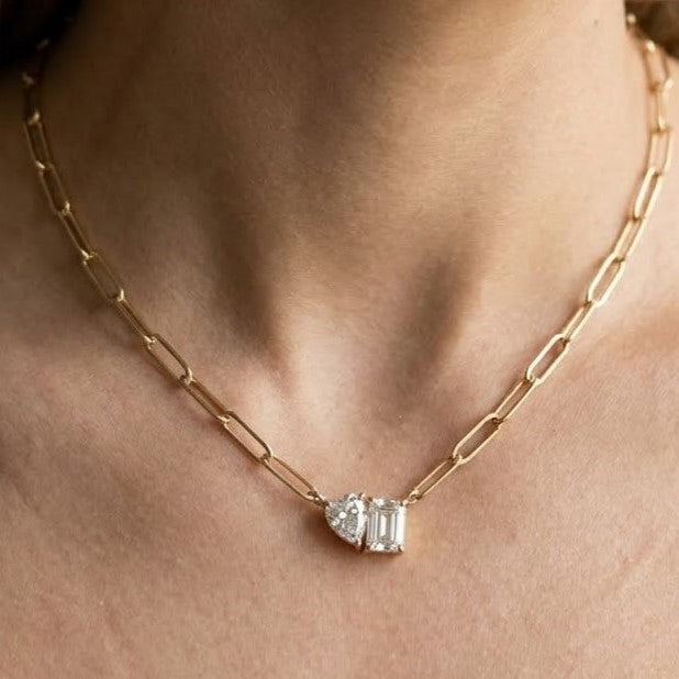 Elegant Gold Paperclip Necklace with Double Crystal Pendant