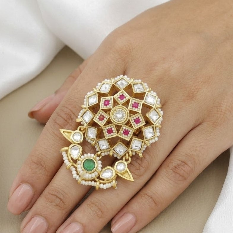 Antique Gold Plated Kundan & Ruby Finger Ring
