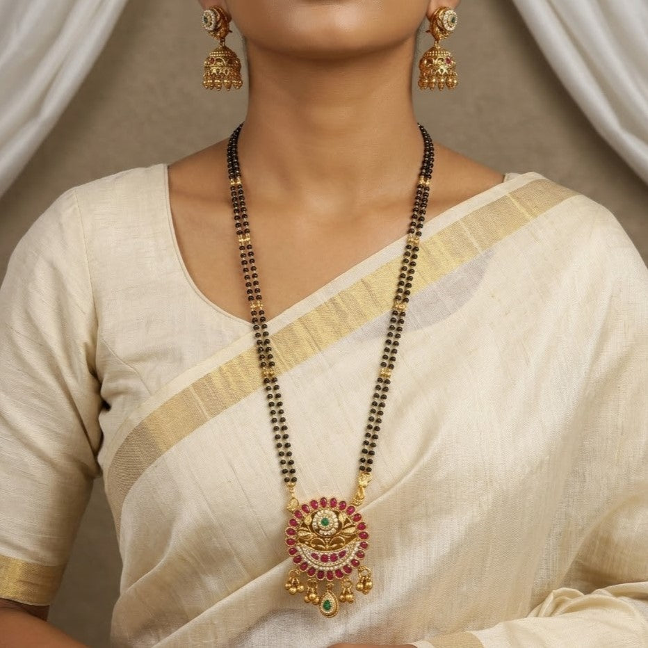 Antique Gold Black Bead Mangalsutra & Jhumka Set