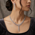 Silver Tone Sparkling Floral Leaf Cubic Zirconia Necklace & Drop Earring Set