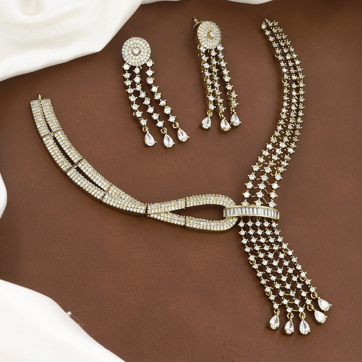 Modern Multi-Strand Crystal Lariat Diamond Necklace Set