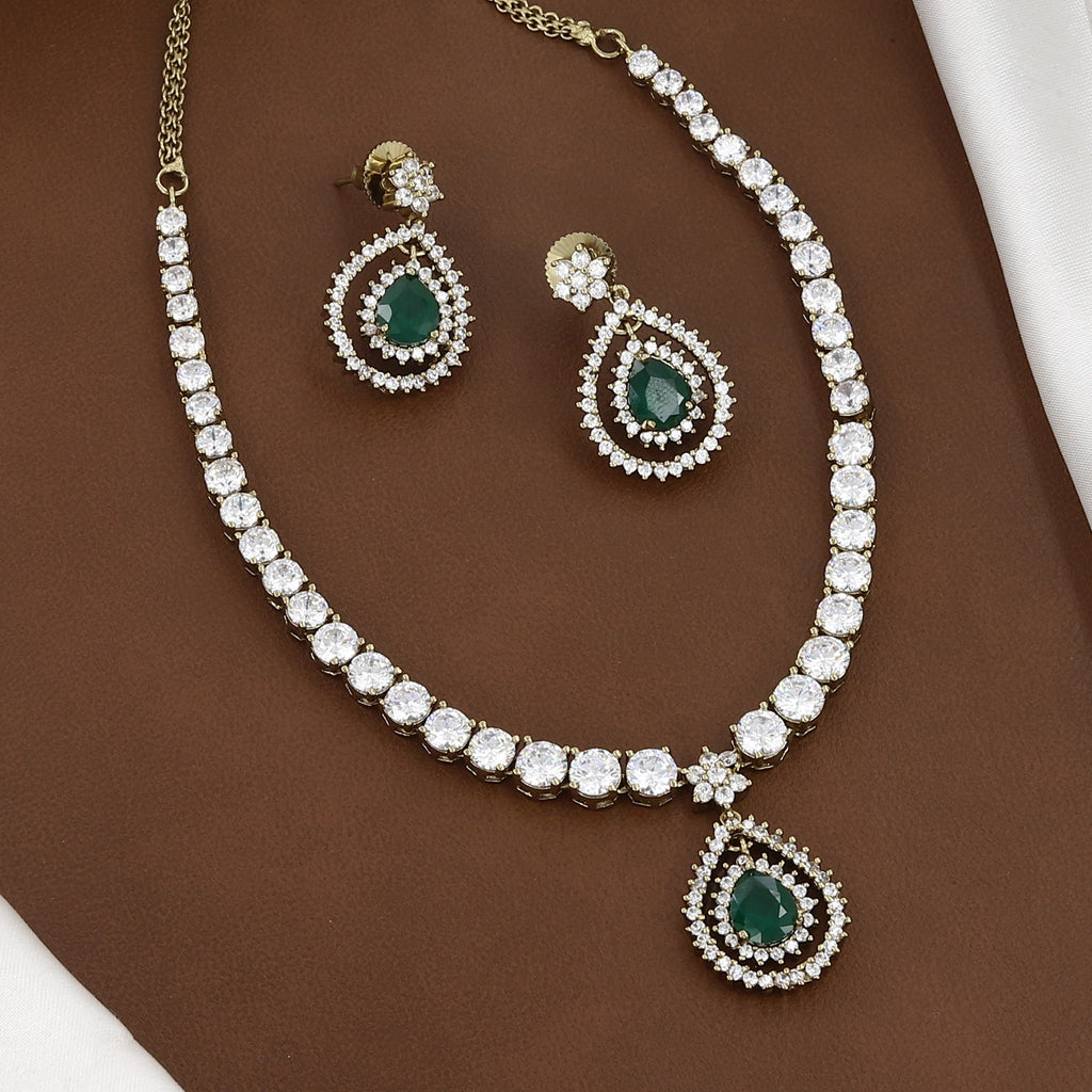 Crystal Line & Emerald Teardrop Pendant Necklace Set