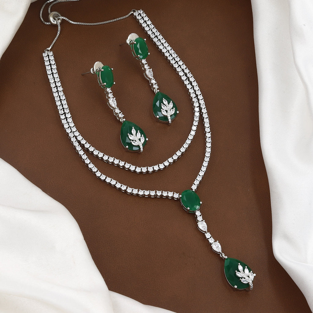 Layered Crystal & Green Stone Drop Lariat Necklace Set