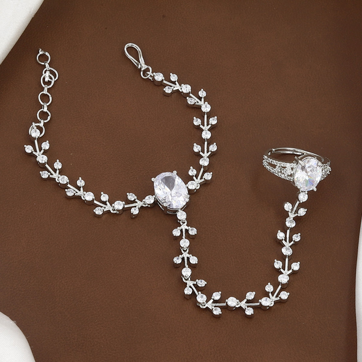 Silver-Plated Floral Vine CZ Haathphool & Hand Harness