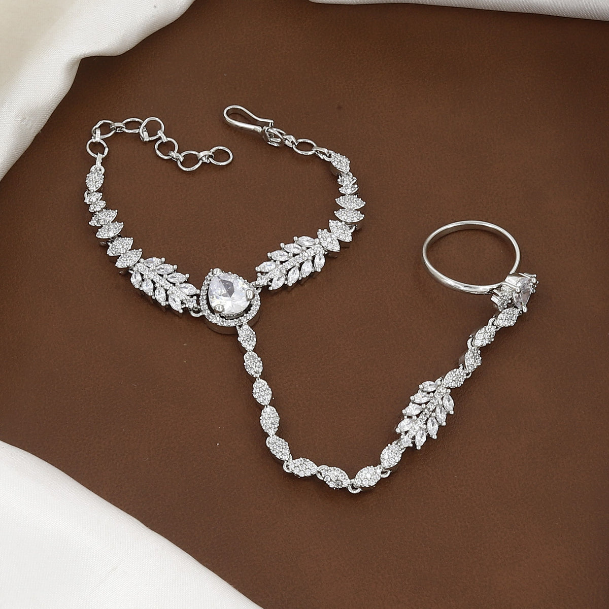Silver-Plated Leaf CZ Haathphool & Hand Harness