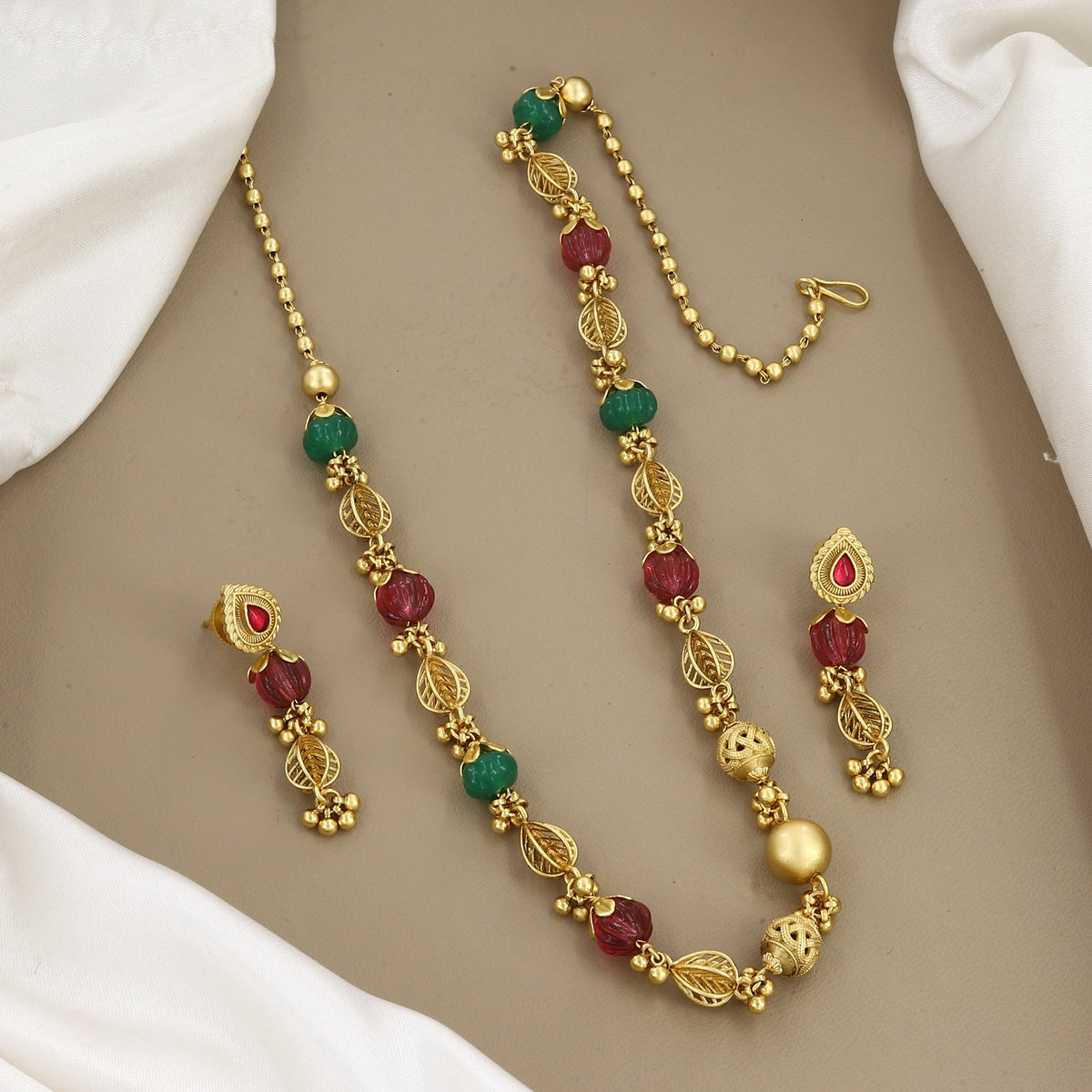 Traditional Gold-Plated Ruby & Green Stone Beaded Mala Set
