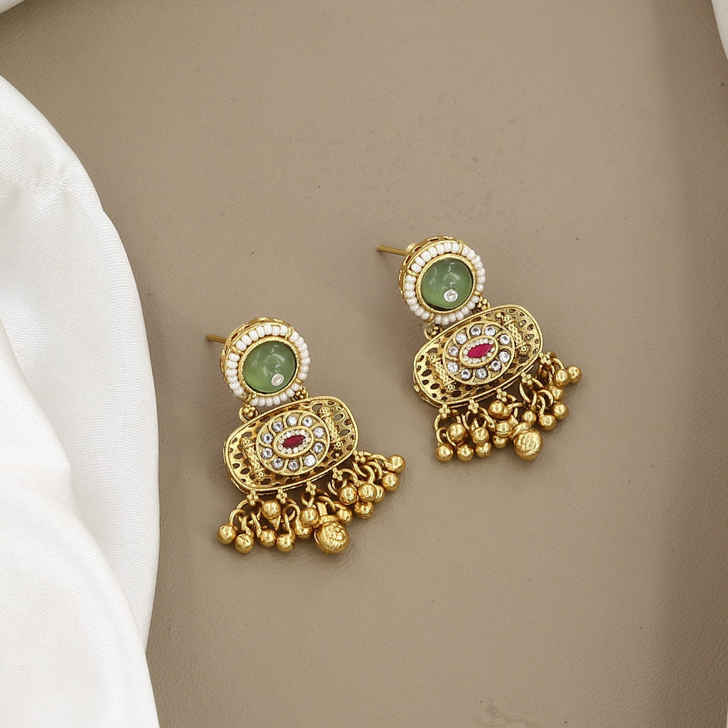 Traditional Gold-Plated Emerald & Ruby Stone Long Necklace Set