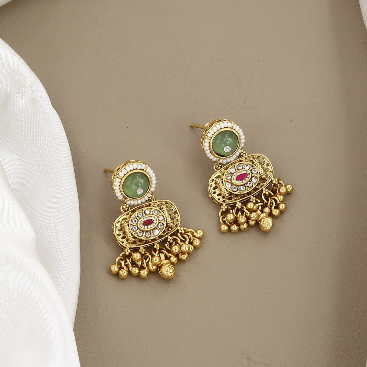 Traditional Gold-Plated Emerald & Ruby Stone Long Necklace Set