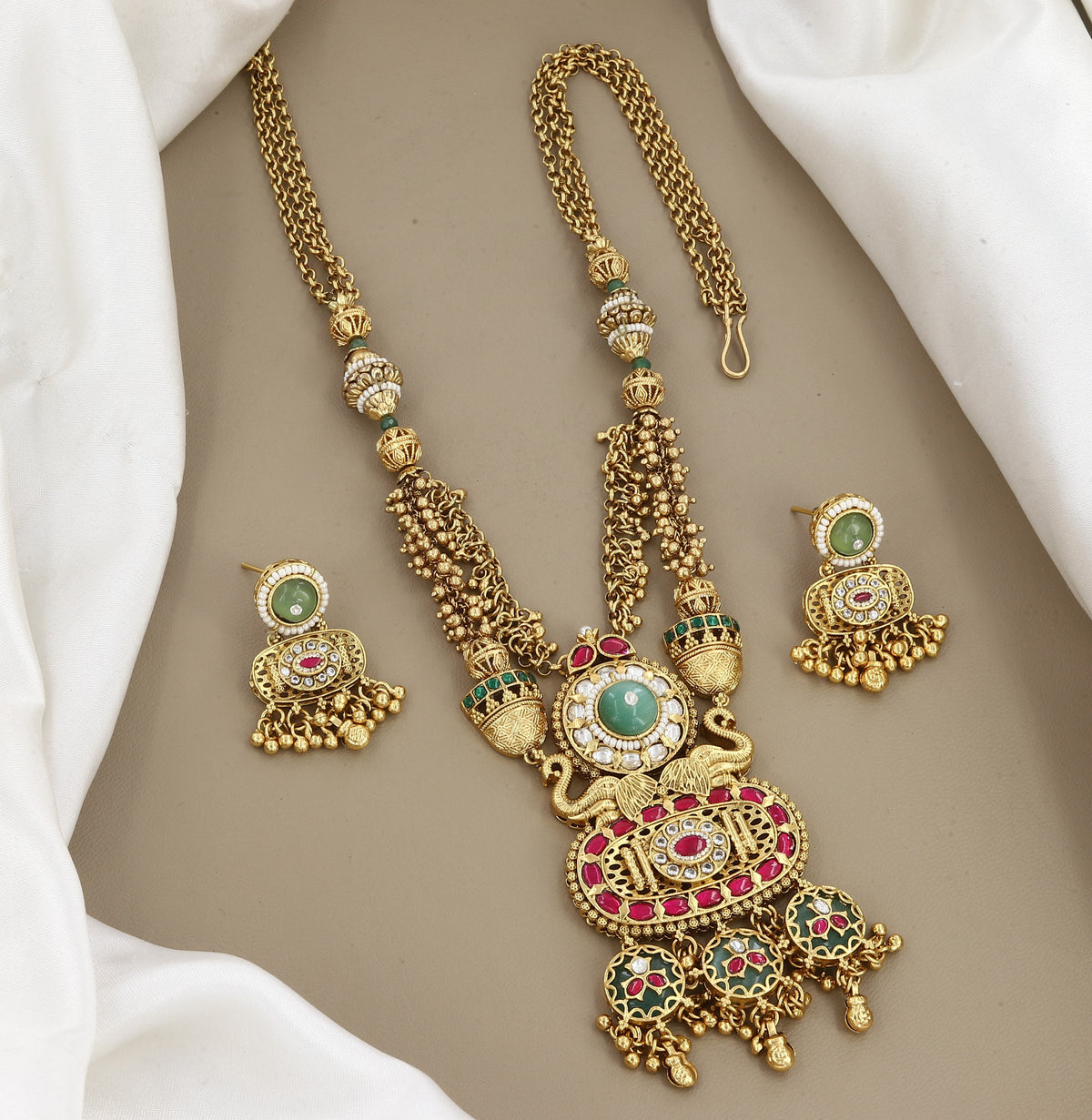 Traditional Gold-Plated Emerald & Ruby Stone Long Necklace Set