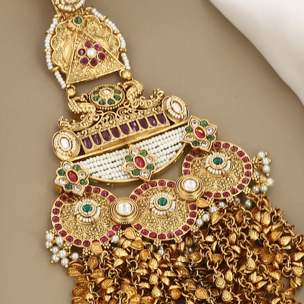 Antique Gold Kamar Juda with Green Beads & Jhumki Drops