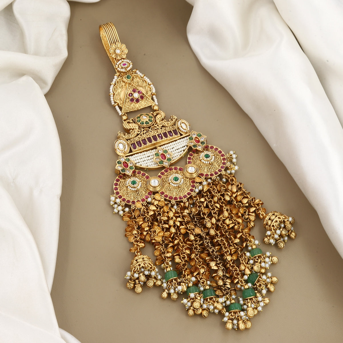 Antique Gold Kamar Juda with Green Beads & Jhumki Drops