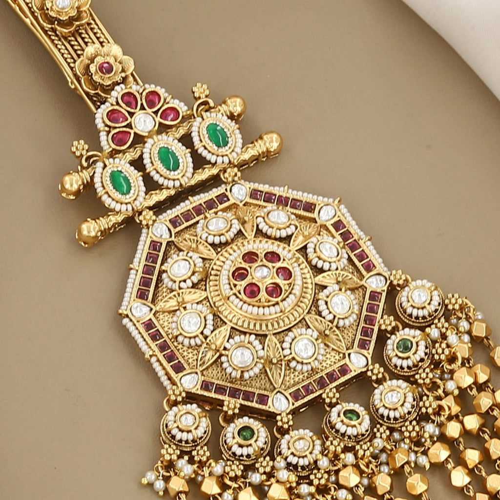 Antique Gold Octagonal Kamar Juda with Kundan & Bead Tassels