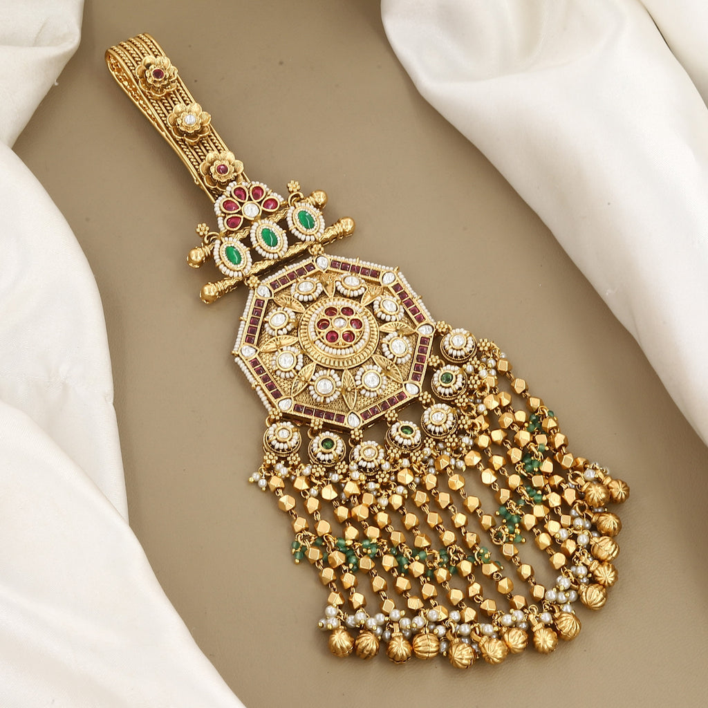 Antique Gold Octagonal Kamar Juda with Kundan & Bead Tassels