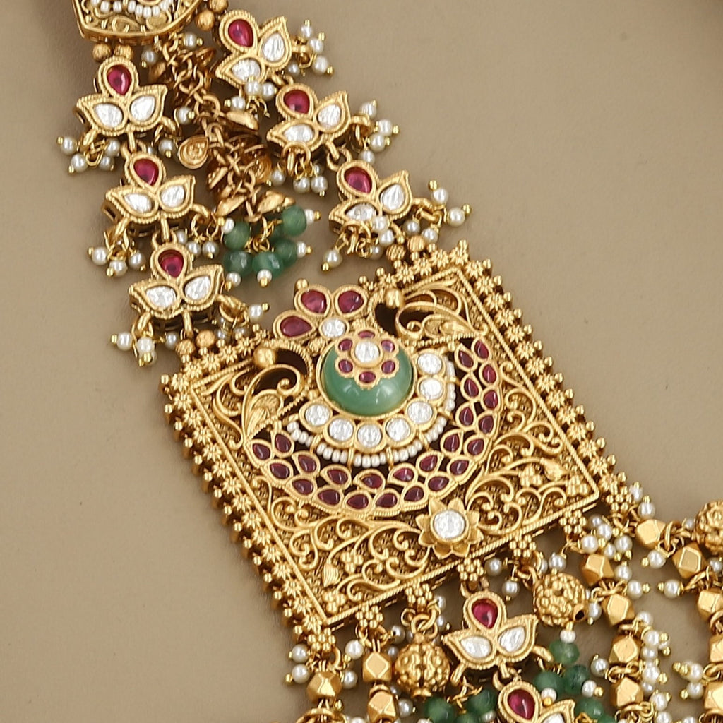 Antique Gold Square Kamar Juda with Chandbali Motif & Pearl Drops