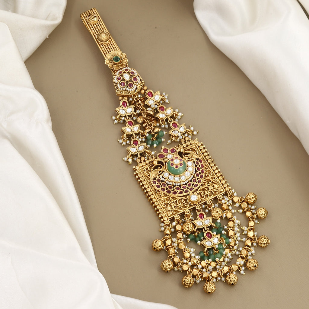Antique Gold Square Kamar Juda with Chandbali Motif & Pearl Drops