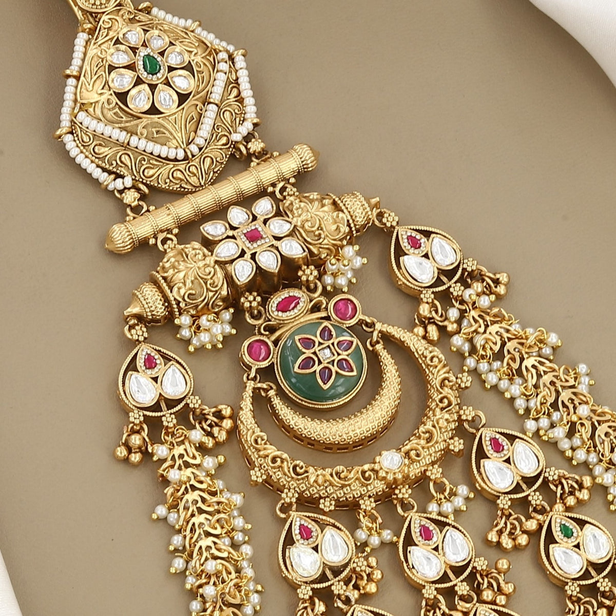 Antique Gold Chandbali Kamar Juda with Kundan Leaf Drops