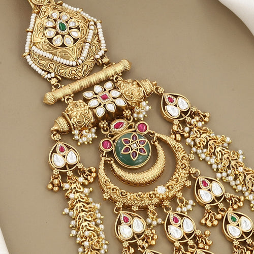 Antique Gold Chandbali Kamar Juda with Kundan Leaf Drops