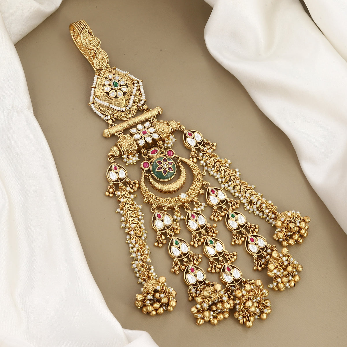 Antique Gold Chandbali Kamar Juda with Kundan Leaf Drops