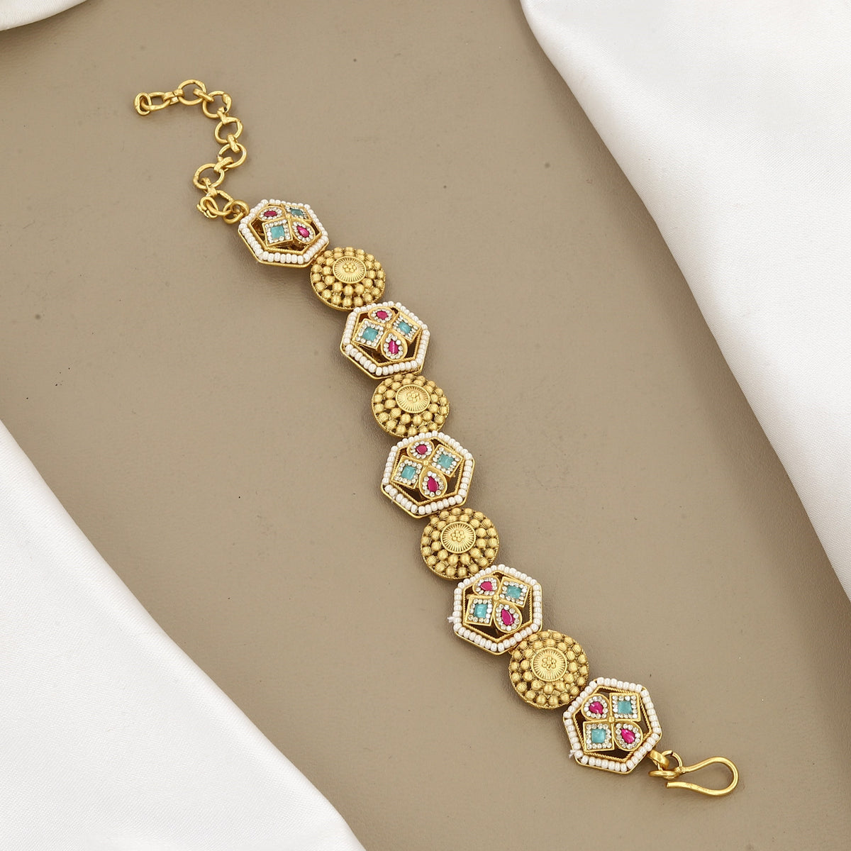 Exquisite Gold-Plated Multicolored Stone & Pearl Bracelet