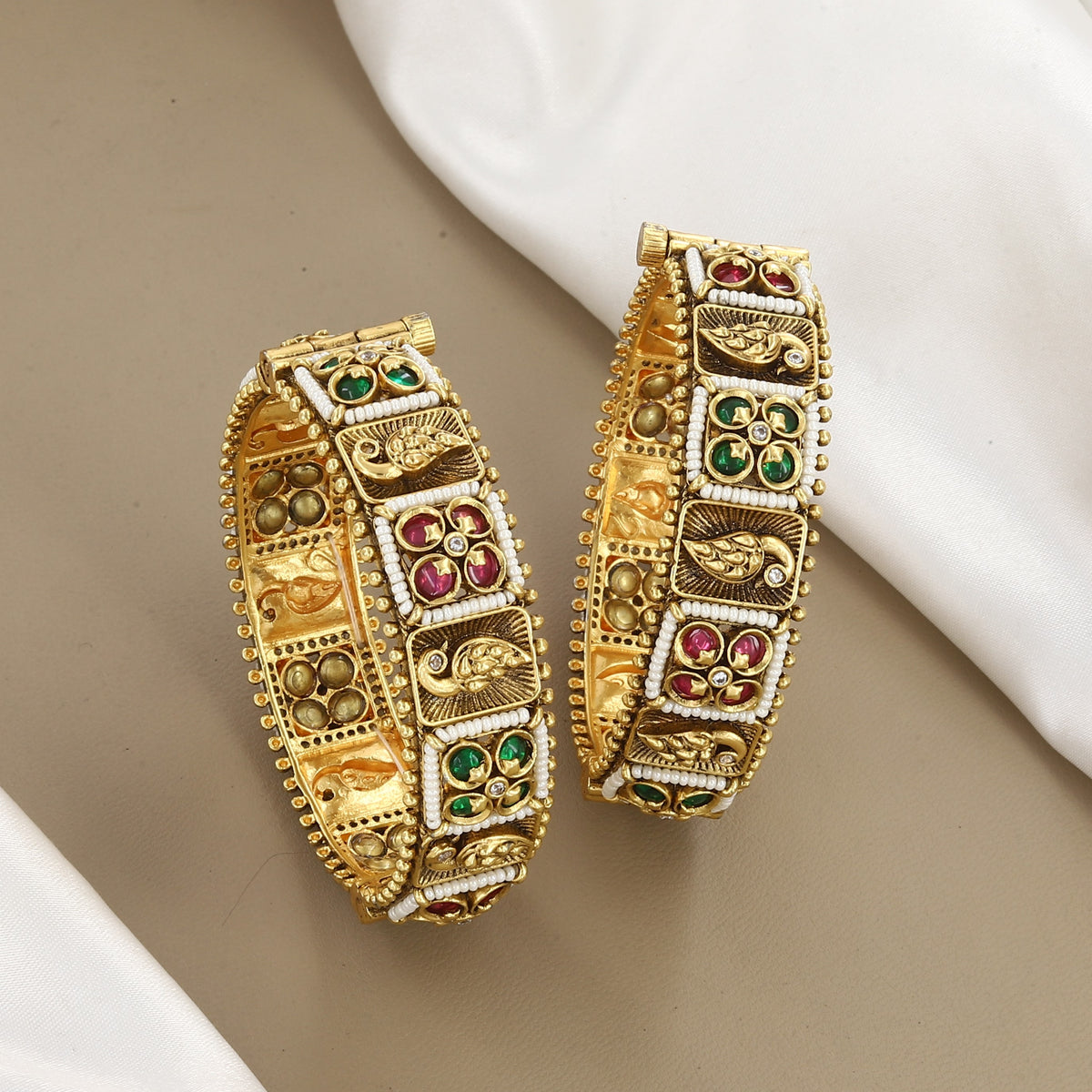 Traditional Peacock Engraved Gold Bangles Patla Set