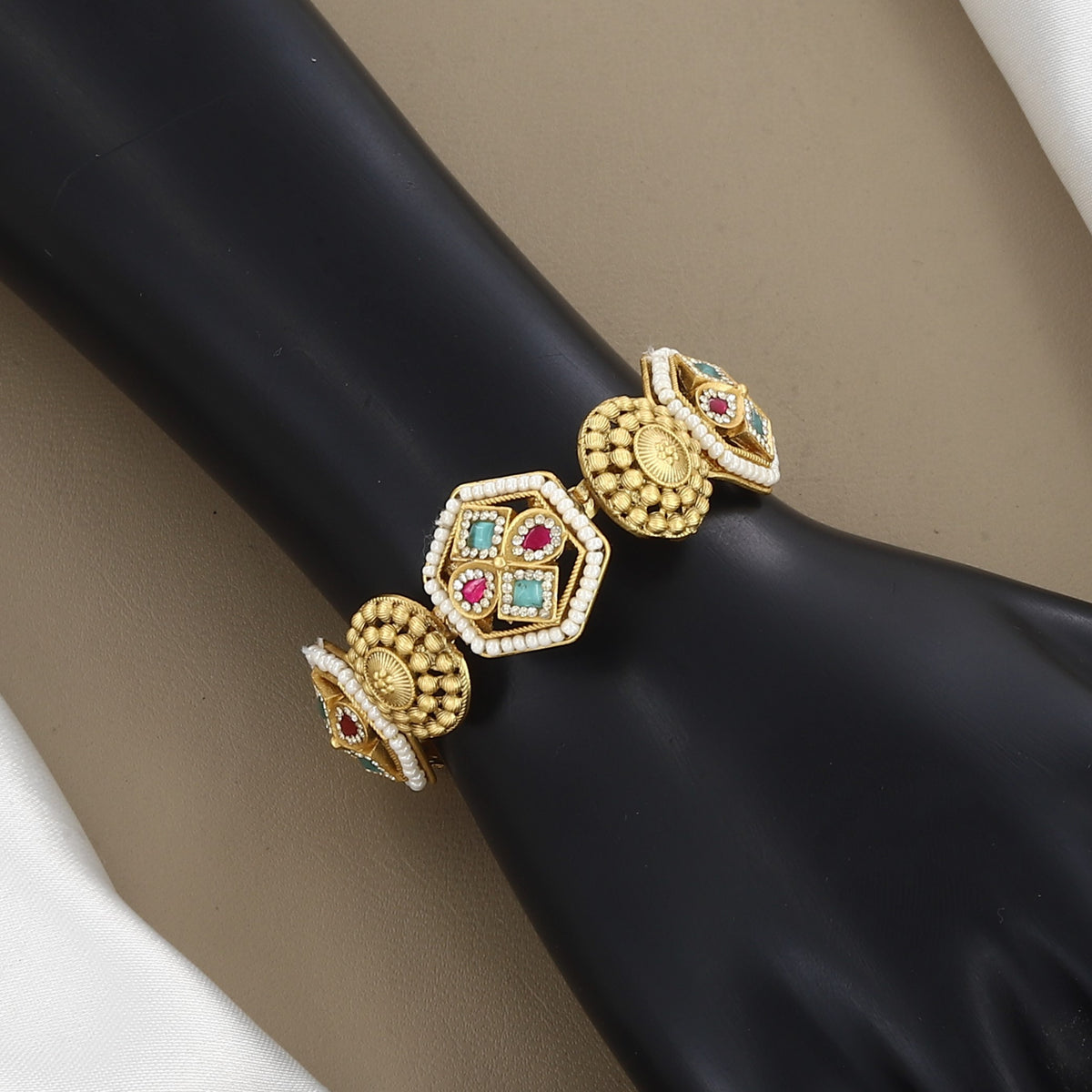Exquisite Gold-Plated Multicolored Stone & Pearl Bracelet