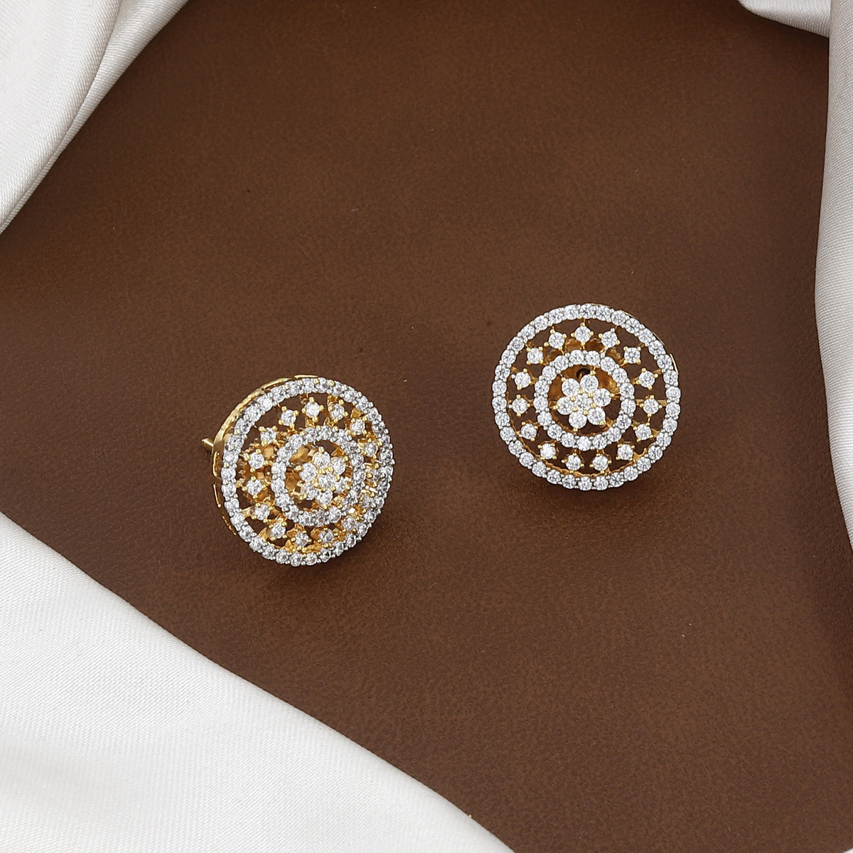 Gold Plated Circular Lattice Diamond Stud Earrings