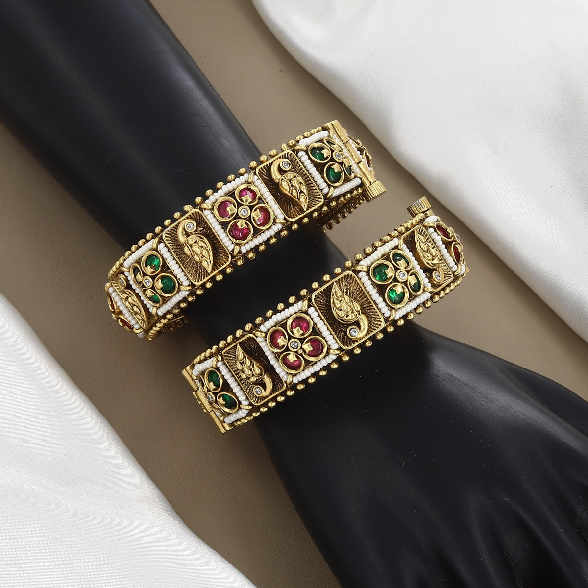 Traditional Peacock Engraved Gold Bangles Patla Set