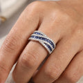 Elegant Blue Sapphire and Clear Zirconia Criss-Cross Multi-Row Band Ring