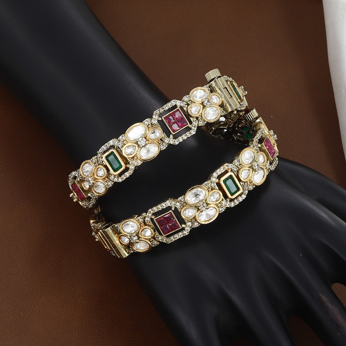Gold-Plated Openable Kundan Kada with Ruby & Emerald Stones