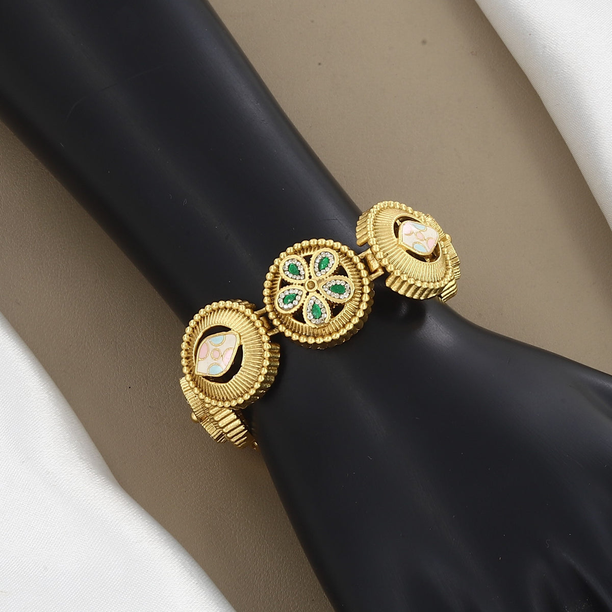 Gold-Plated Floral Meenakari & Stone Statement Bracelet