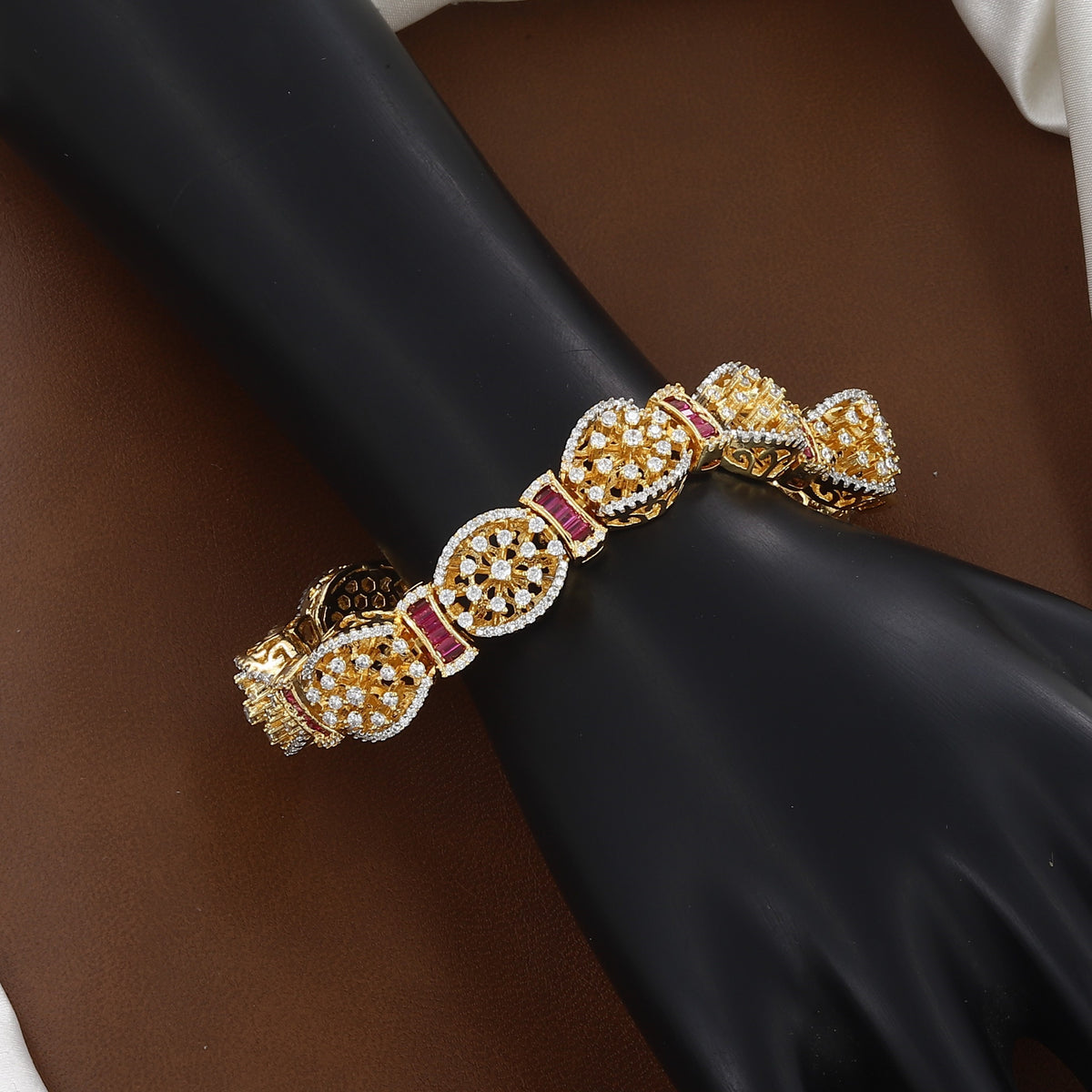 Gold-Plated Ruby & CZ Floral Link Bracelet