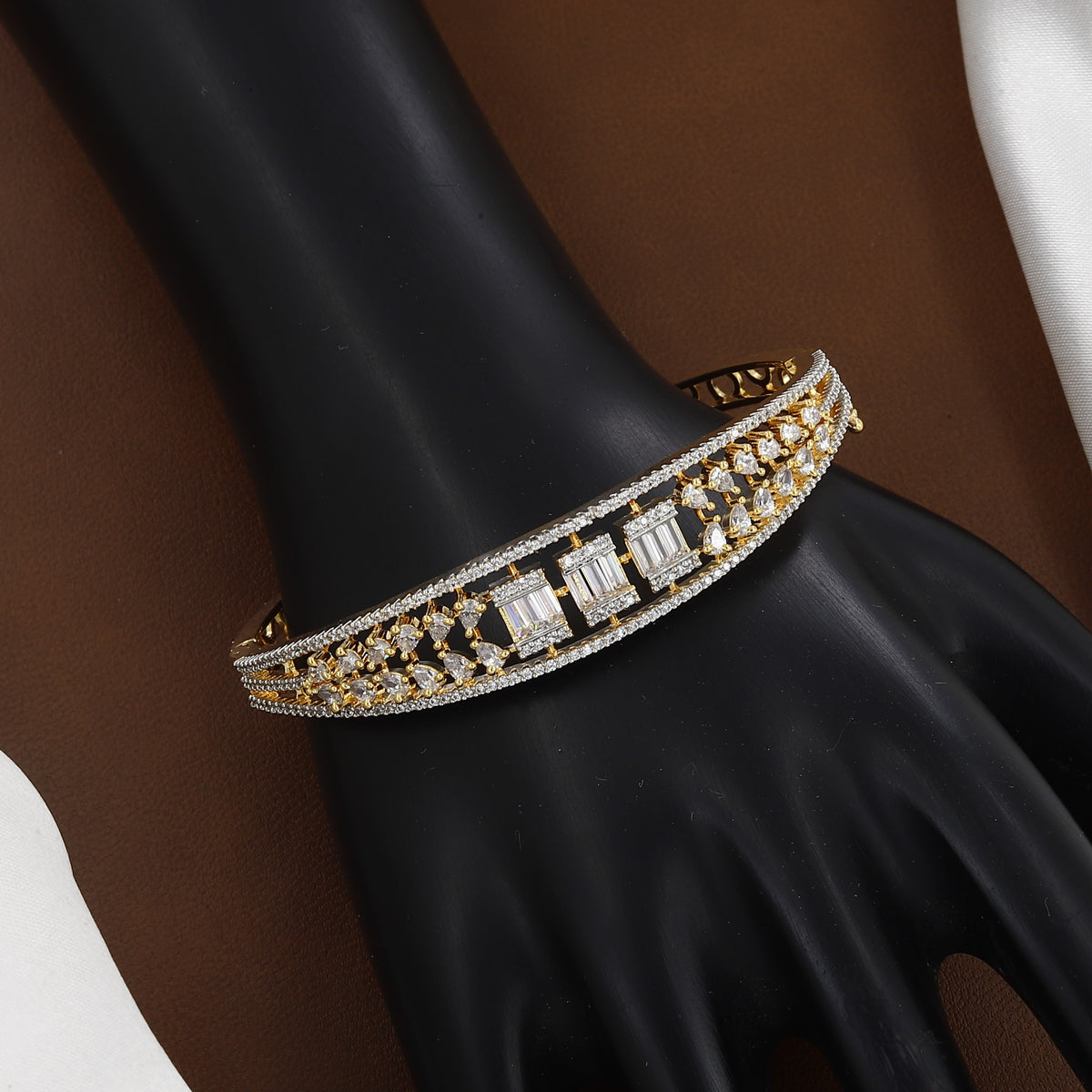 Baguette & Pear Stone Gold Finish Diamond Bangle Bracelet