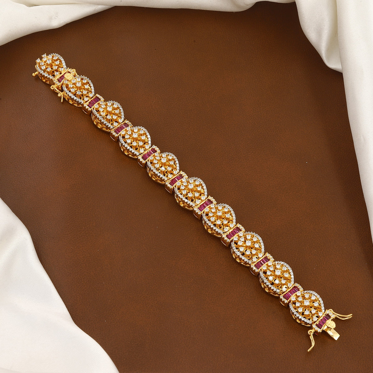 Gold-Plated Ruby & CZ Floral Link Bracelet