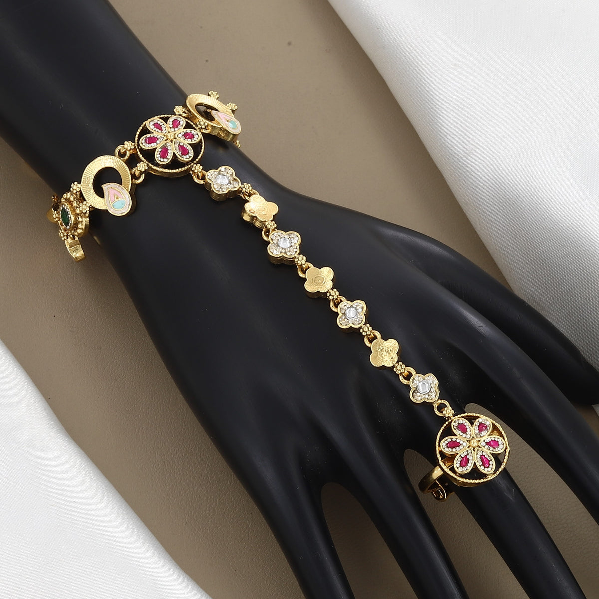 Delicate Gold-Plated Floral Hathphool with Ruby & CZ Stones