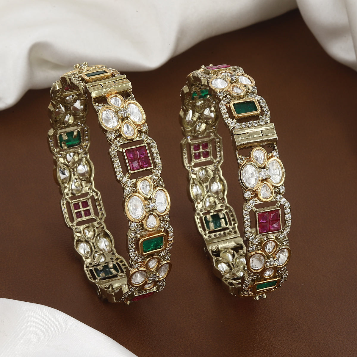 Gold-Plated Openable Kundan Kada with Ruby & Emerald Stones