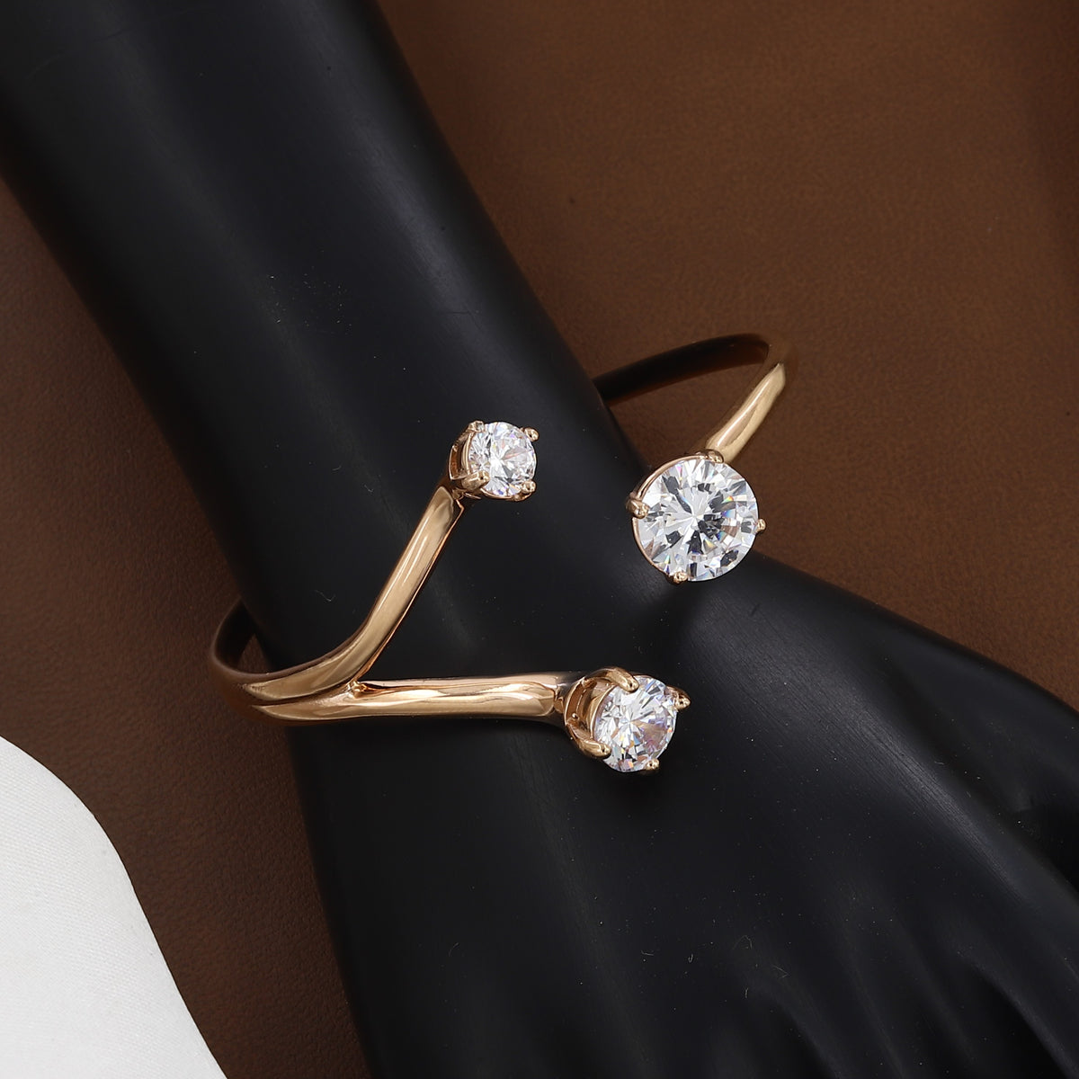 Rose Gold Open Cuff Bracelet with Trio Solitaire CZ Stones