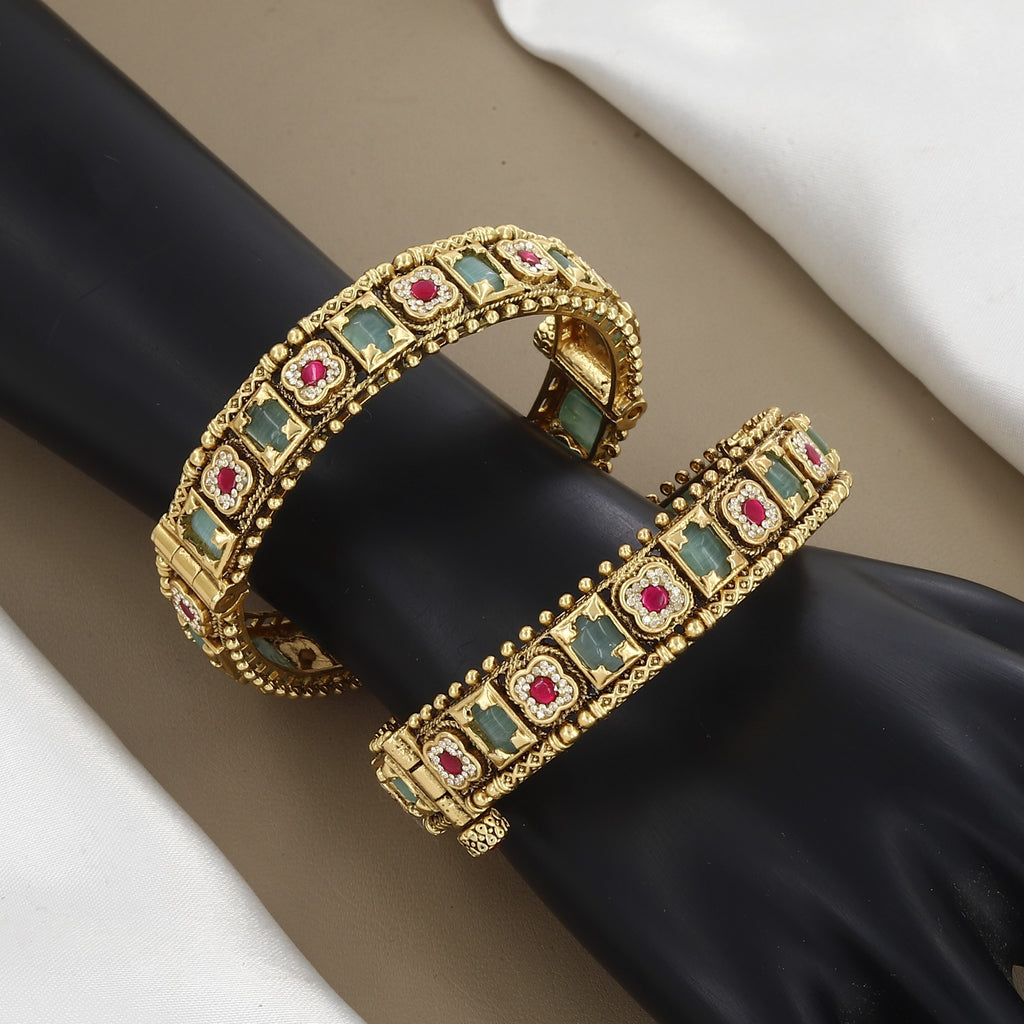 Mint Green & Ruby Stone Gold Bangles Patla Set